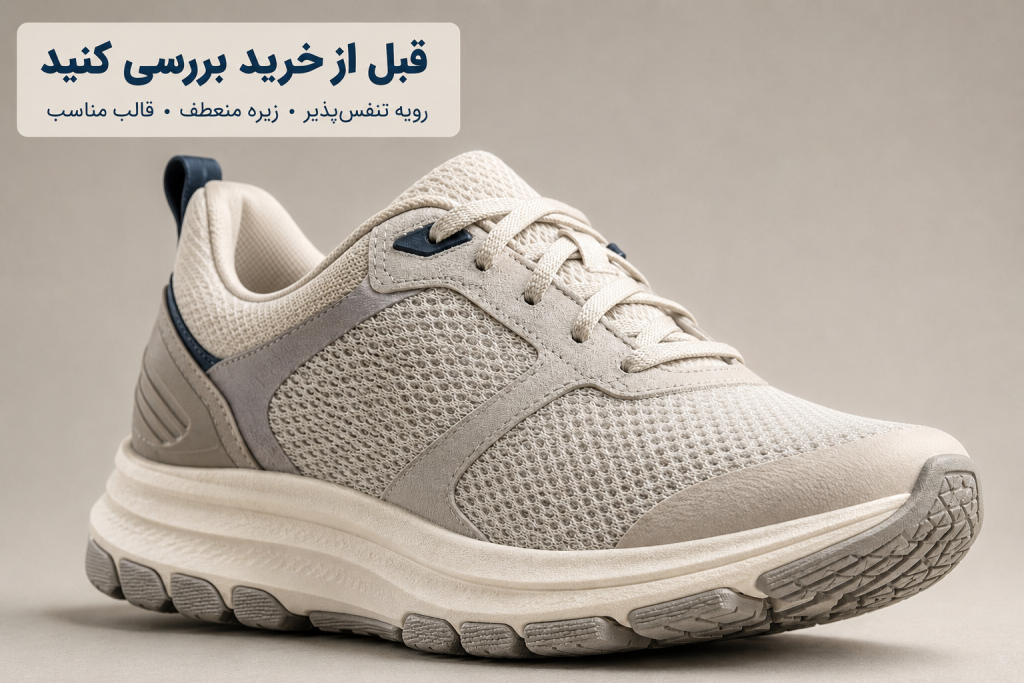 نمای نزدیک رویه و زیره کتونی زنانه برای بررسی راحتی و کیفیت ساخت
